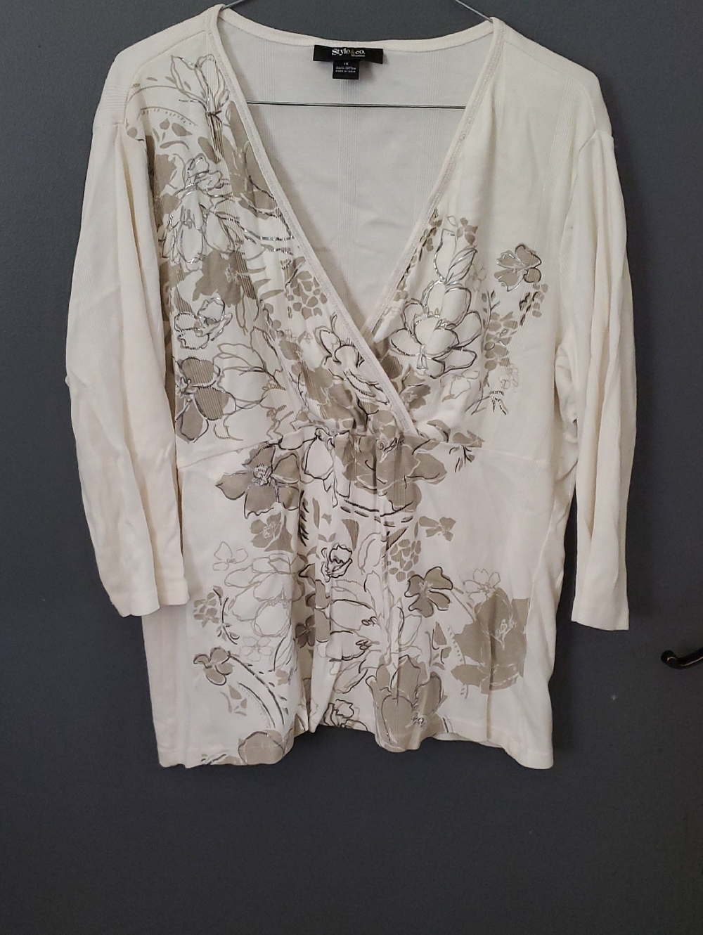 Style & Co. Cream Floral V-Neck Wrap Tunic